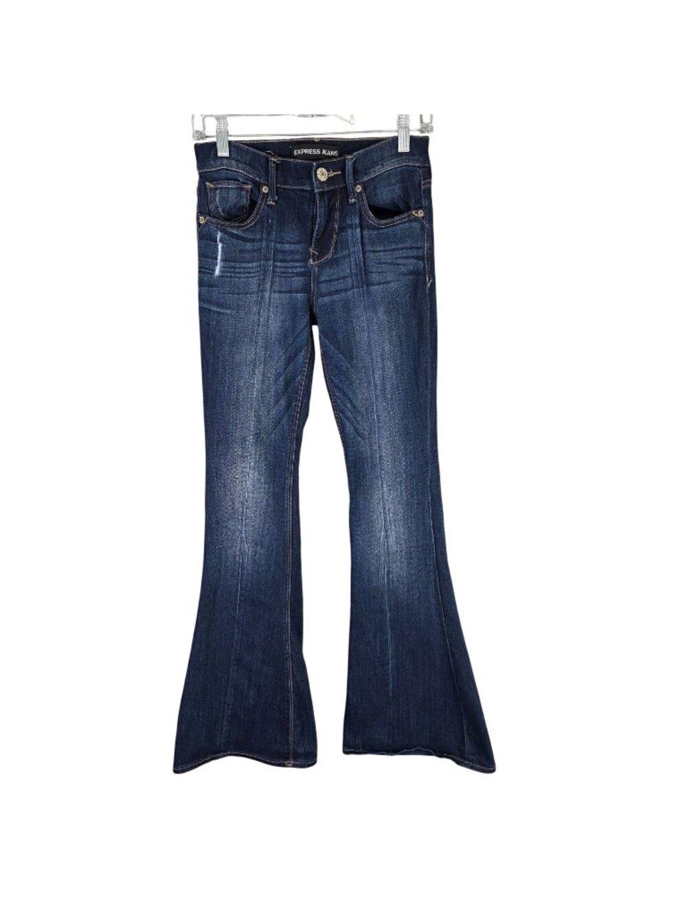 Womens Express Jeans Blue Denim Bell Flare Mid Rise Dark Wash Stretch Size 00